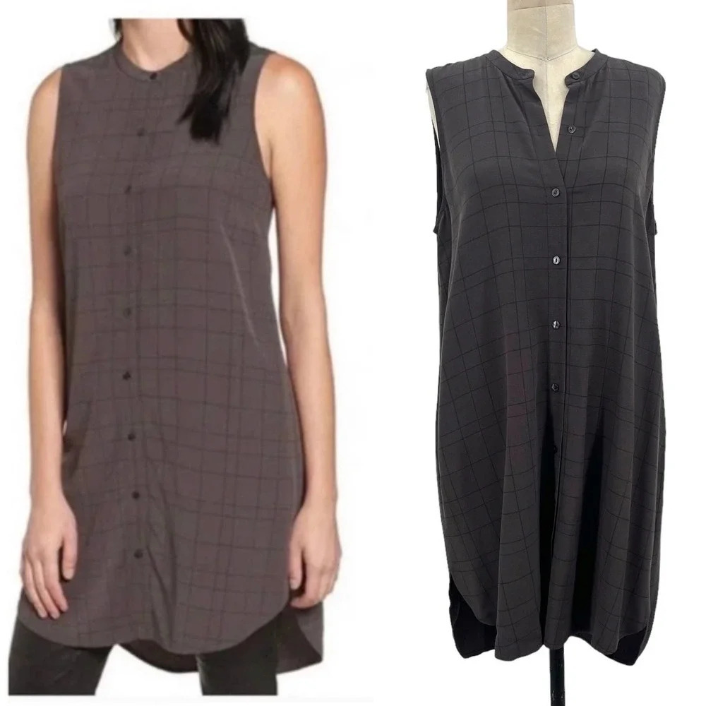 Eileen Fisher Twill Plaid Mandarin Collared Shirt Dress Tunic Gray Size‎ Medium